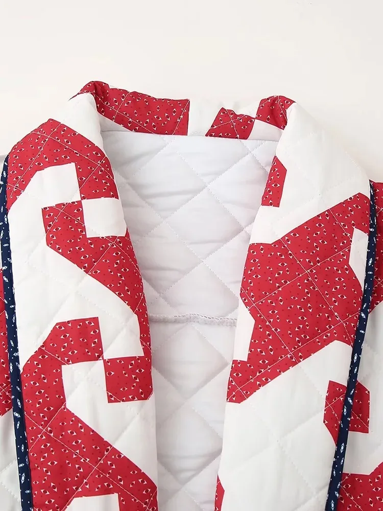Veste de coton épaissie pour femmes Veste de coton décontractée à revers imprimé Cardigan de style bohème Veste de coton ample pour femmes