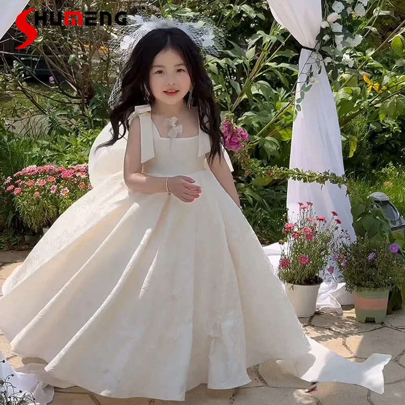 

Уникальные новые весенние белые платья для девочек с большим бантом, милые платья на тонких бретельках, детские платья без рукавов для дня рождения, длинное платье