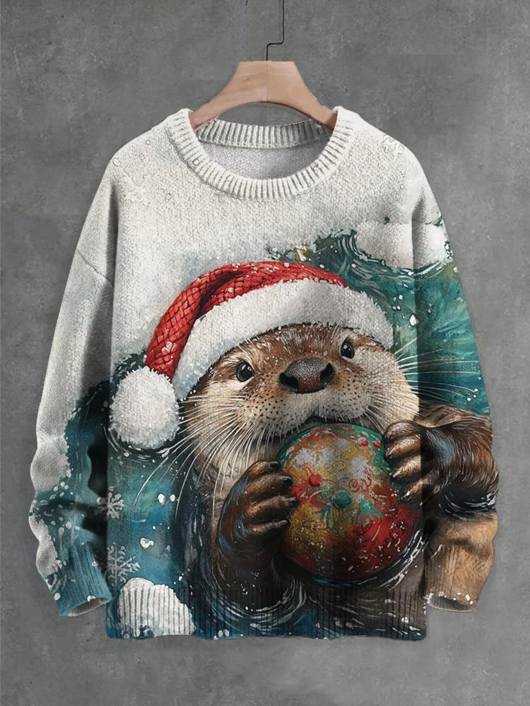 

Men's Japanese Christmas Otter & Ball Art Print Knit Pullover Sweatshirt Fashionable Unisex Comfortable Fit Sweater