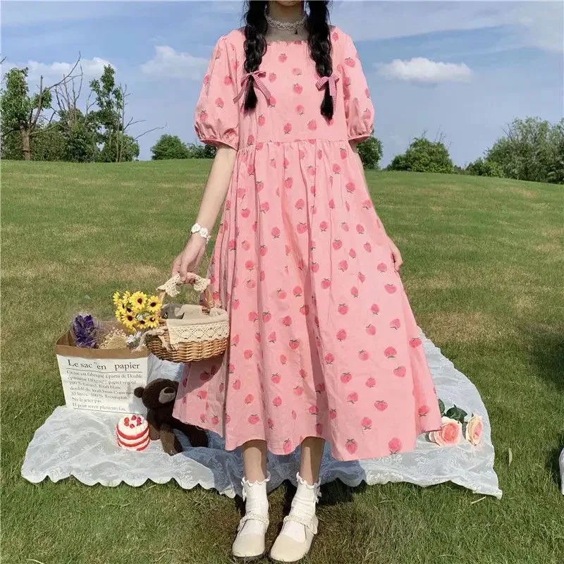 Hstar Kawaii Strawberry Dress Summer Pink Sweet Cute Puff Sleeve Maxi Dresses For Women Lovely Girl Vintage Holiday Sundres NM33 view 4