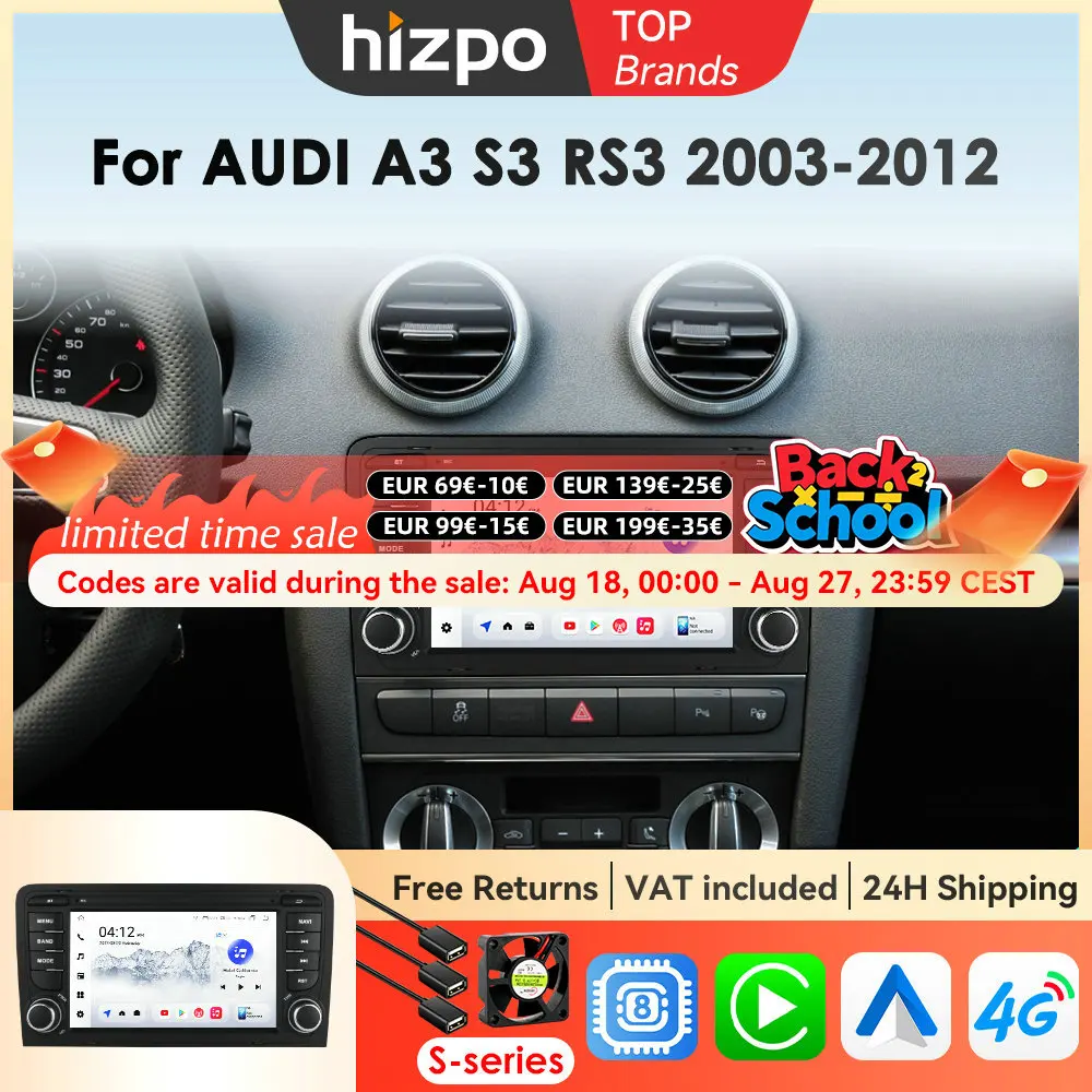 Hizpo Radio Android da 7 pollici per Audi A3 8P 2003 - 2012 Schermo Carplay wireless Aandroid-auto Stereo Navigazione GPS 8 Core 8 + 128G