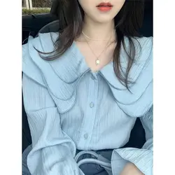 Female Spring Summer Korean Office Lady Simplicity Button Solid Color Peter Pan Collar Women Shirts All-match Chiffon Long Sleev