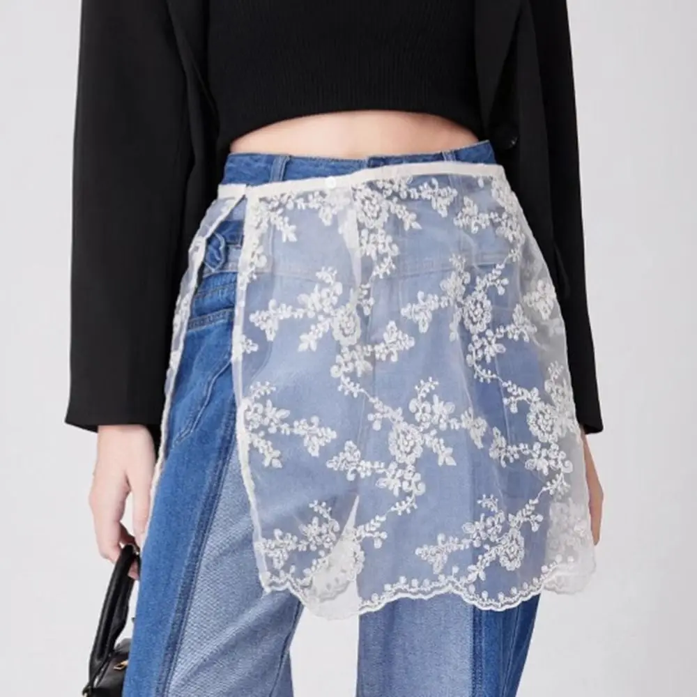 

Fashion Embroidered Flower Lace Mini Skirt Harajuku Casual Layering Skirt Y2K Streetwear Hollow Out Skirt Jeans Decoration