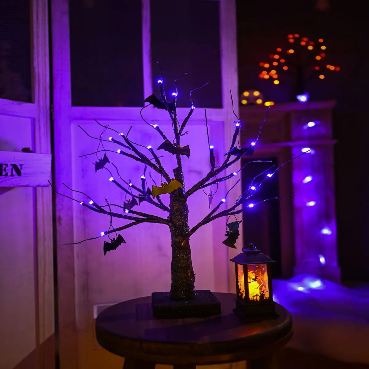 Cubierta de árbol de Halloween con purpurina, 45CM, 24 LED, púrpura, iluminada, decoración interior del hogar