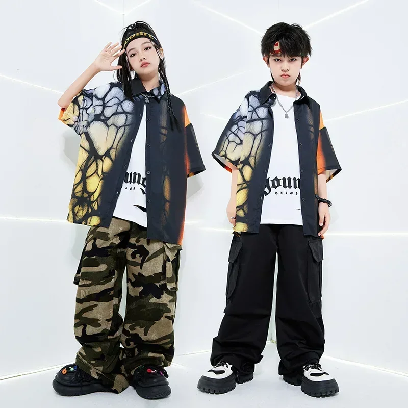 Short Sleeve Shirt Cargo Pants Street Dance Clothing Boys Girls Jazz Drum Show Stage Clothes Sets Kids Hip Hop Dance Costumes