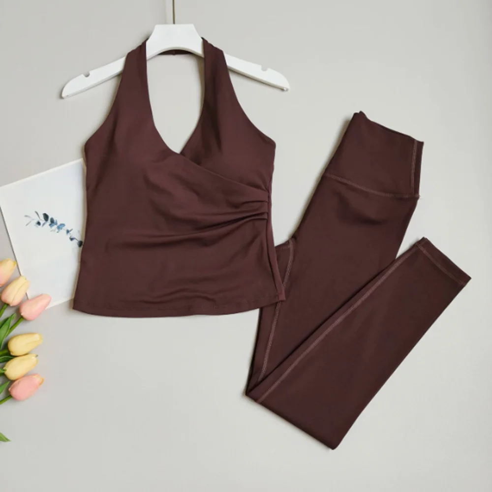 Nude-Feel Yoga Set for Women, Fashionable and High-End with Chest Pads Sports Vest, High-Waisted Butt-Lifting Fitness Pants