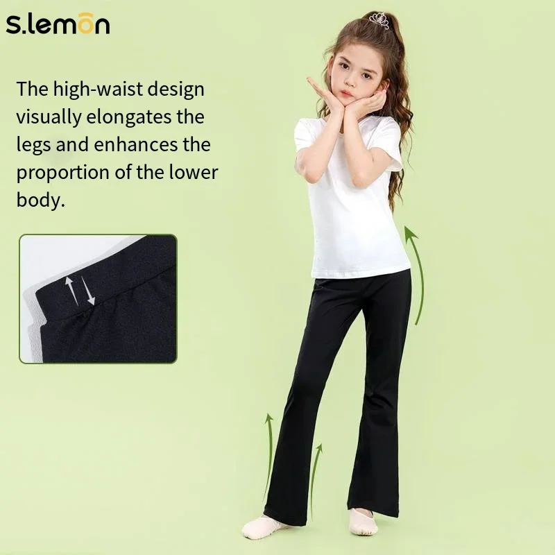 

S.lemon Girls High Waist Loose Dance Trousers-Black Straight Flare Leg Pants for Chinese Dance Training, Kids Gymnastics Outfits
