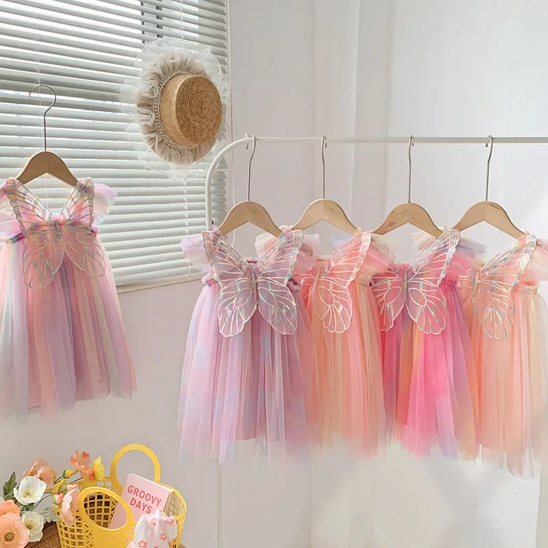 Vestido de malla de arcoíris con alas de Organza para niña, manga voladora dulce, vestido de princesa para bebé, Vestidos de fiesta de cumpleaños,