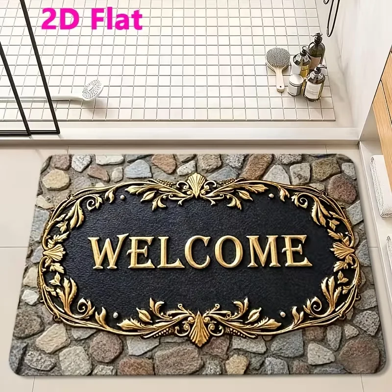 Stone Pebble Welcome Doormat Non Slip Front Door Mat Rustic Cobblestone Pattern Entry Rug for Indoor Outdoor Entrance Home Decor
