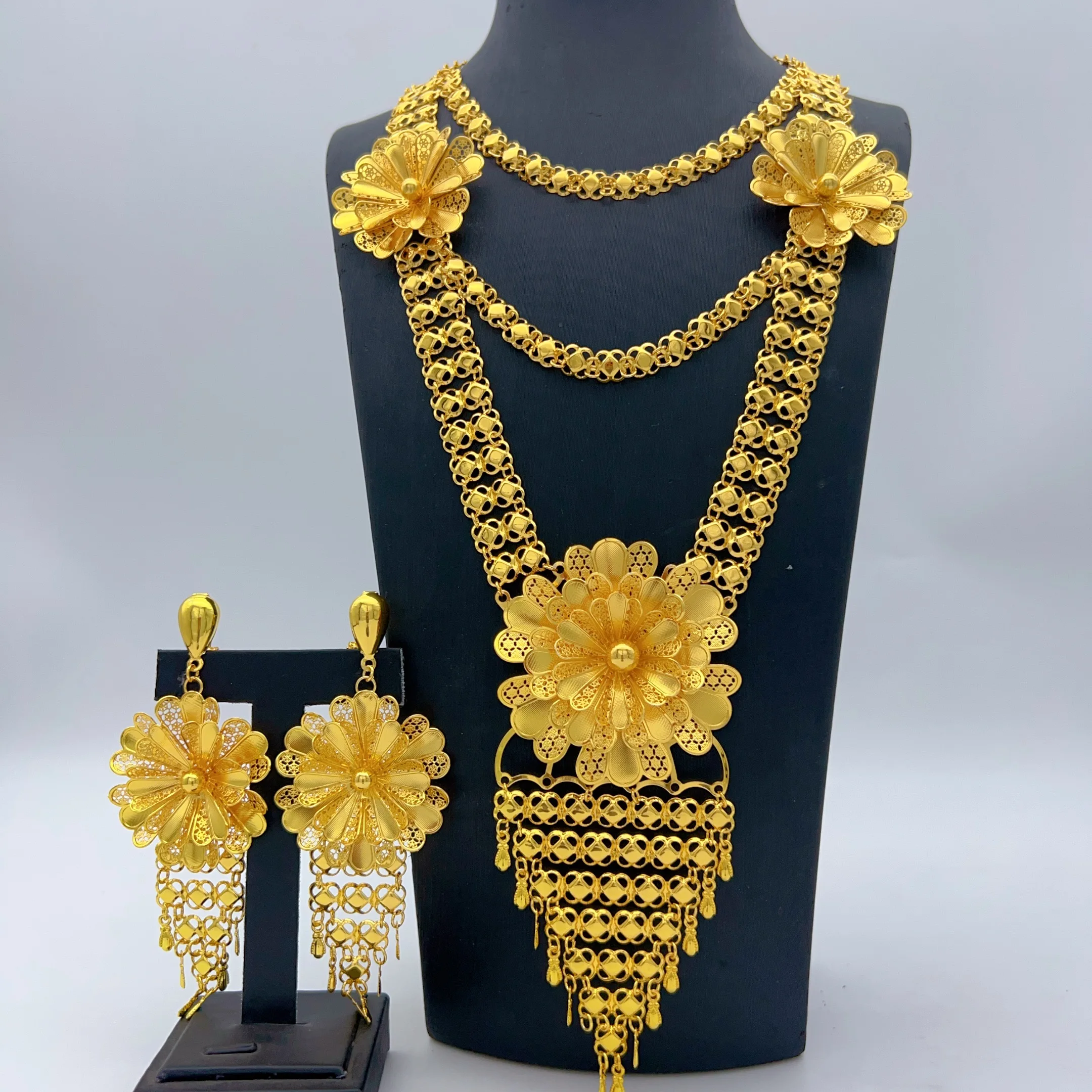 Nigerianisches 24k vergoldetes Schmuckset für Damen, lange Blumenkette, Ohrringe, Schmuck, Dubai, brasilianische, afrikanische Brautsets
