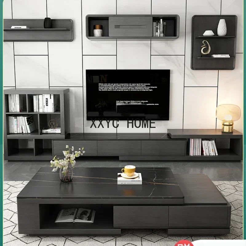 

Black Stone Plate Coffee Table TV Cabinet Combination Modern Living Room Marble Tea Table