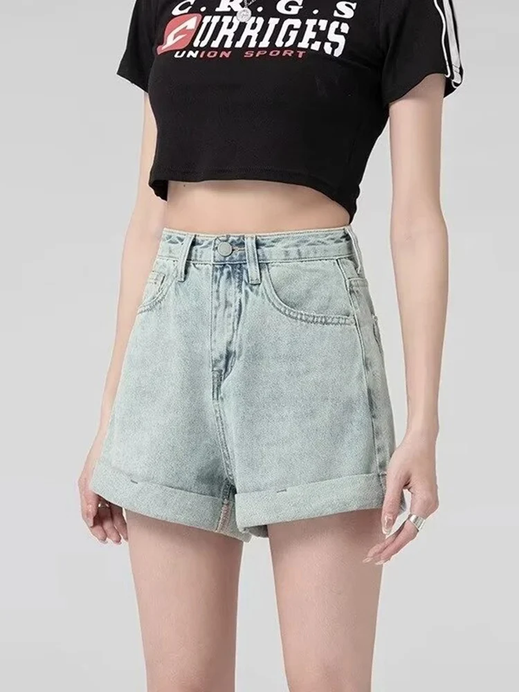 

Women's Summer Thin Denim Curled Edge Design Shorts Street Style Young Girl High Waisted Mini Pant Female Casual Straight Shorts