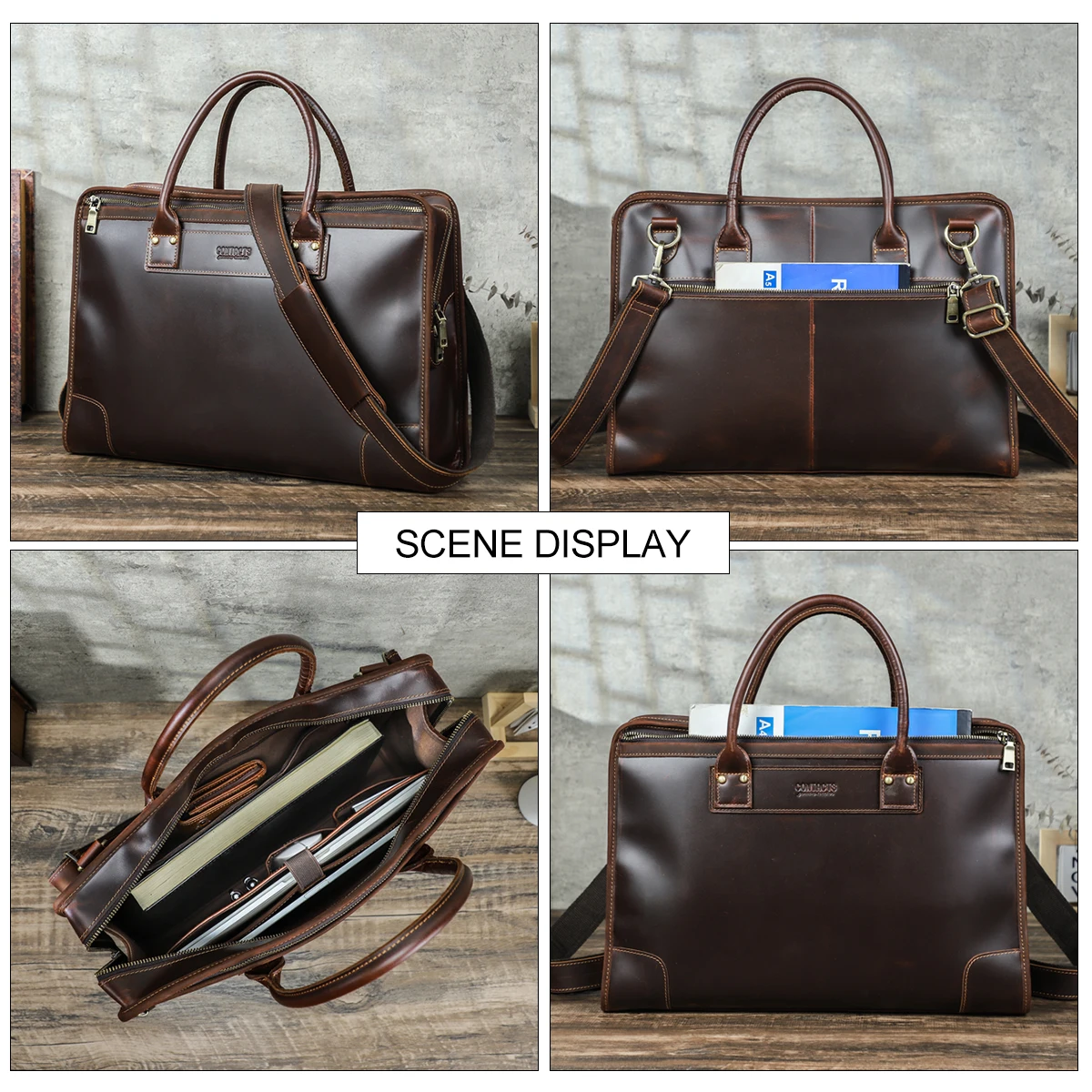 CONTACT'S Genuine Leather Men Business Bags Office Briefcase Leather Work Bag Shoulder Messenger Bag 14” Tote Laptop Bags Male