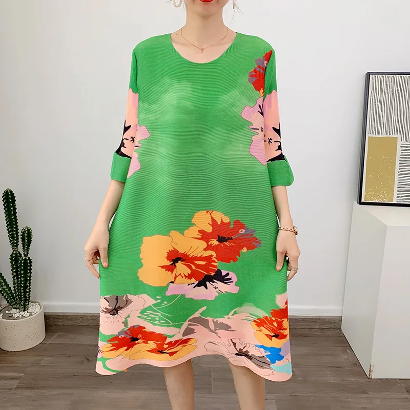 

Miyake Style Printed Dress for Women 2023 Spring New Loose Large Size Casual Pleated Comfortable Refined Luxury Evening Dresses