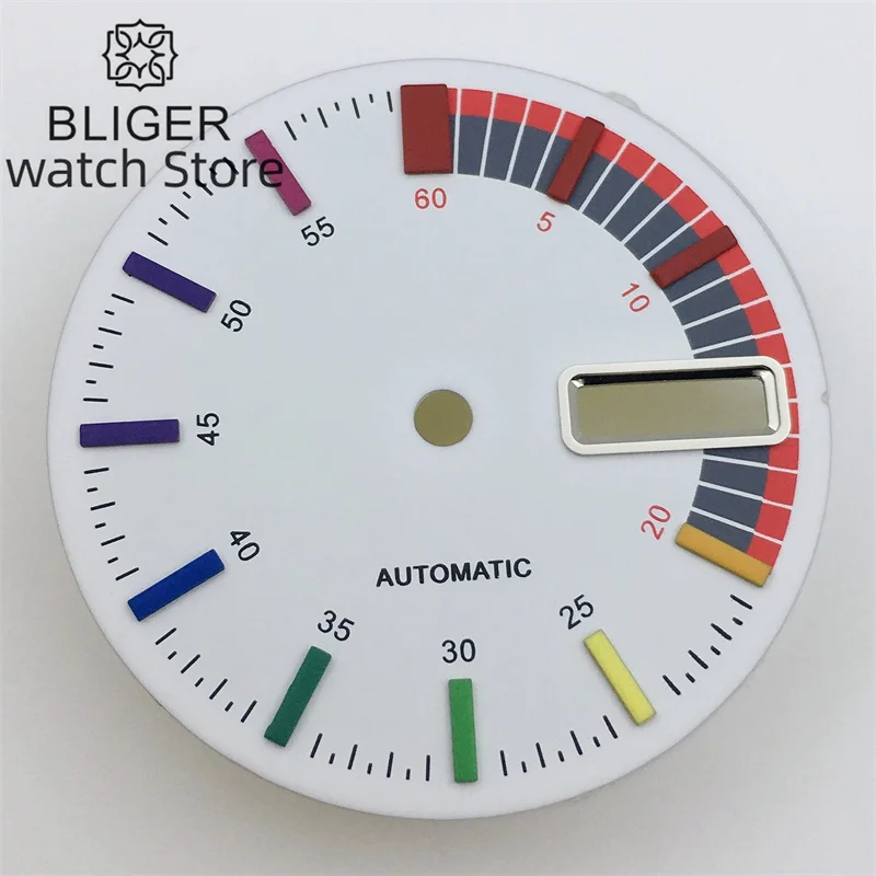 BLIGER 29MM dial hitam putih, indeks multiwarna untuk NH36 NH36A gerakan
