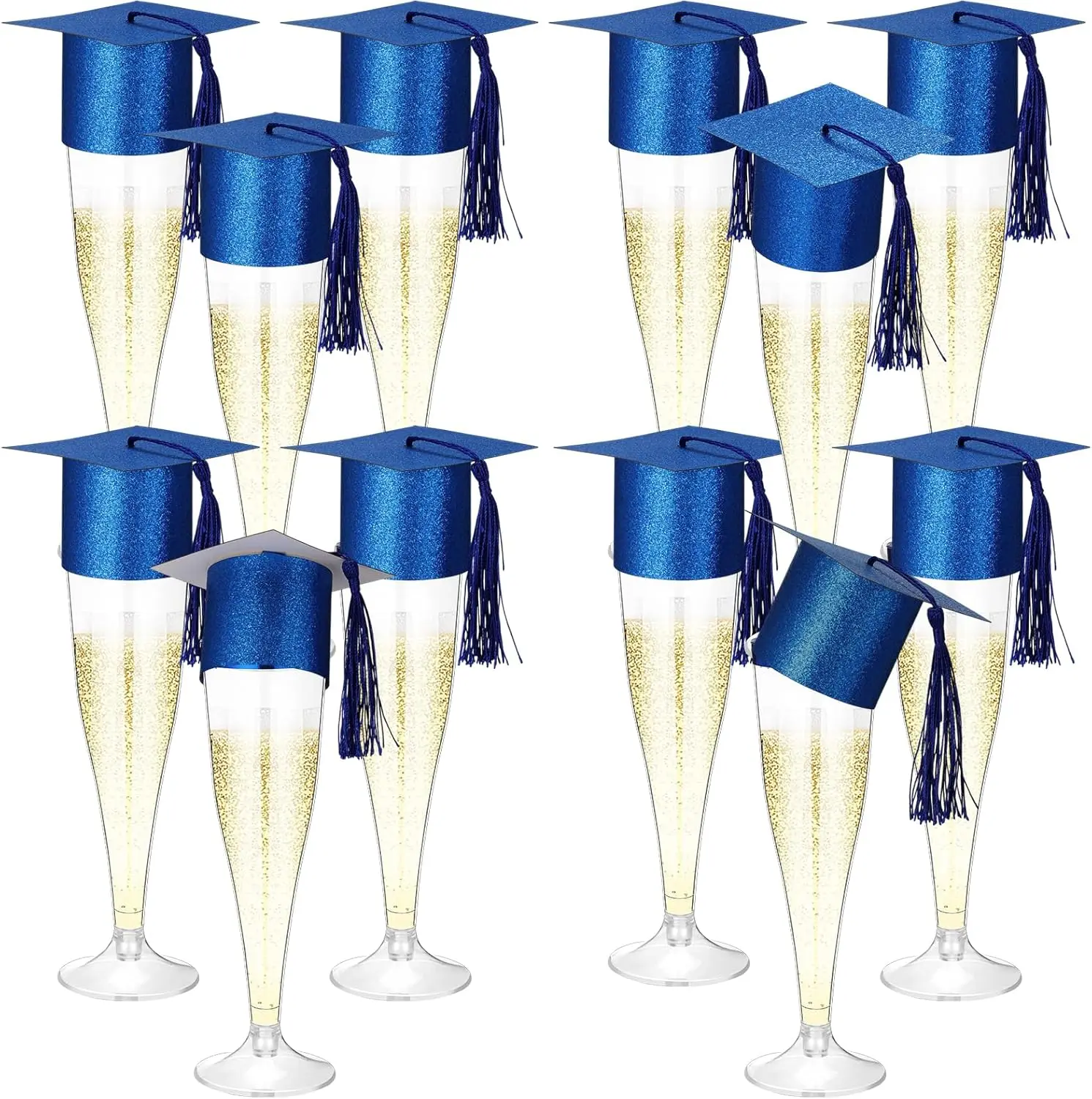 

12-Pack Disposable Glitter Champagne Flutes, 4.5 oz Clear Toasting Cups with Tassels for Graduation Party Favors (Blue)