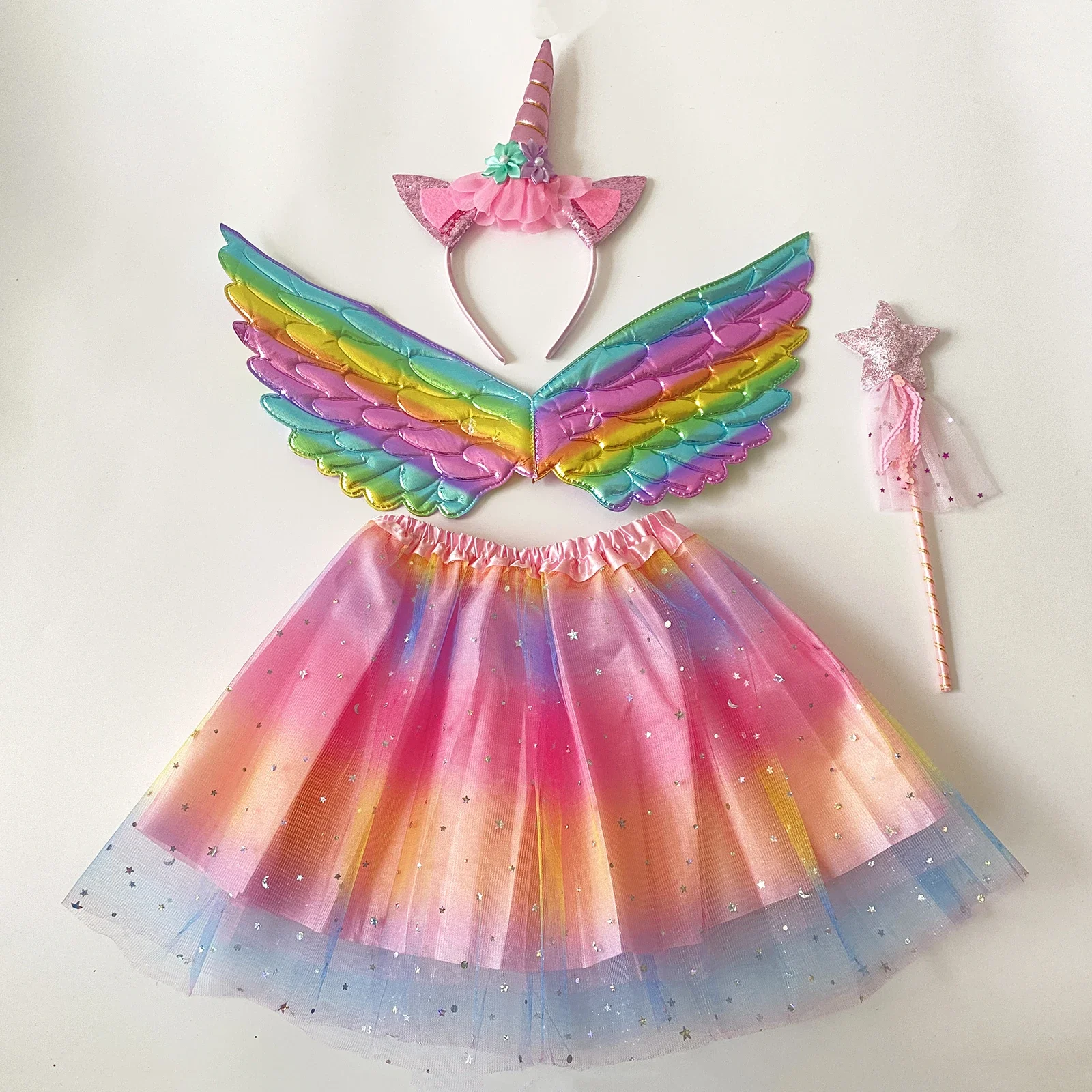 여자 공주 유니온 머리띠 날개 스타 마법 지팡이 튜튜 스커트 4개/세트, 안감이 있는 스커트, 파티 댄스 코스프레 의상용