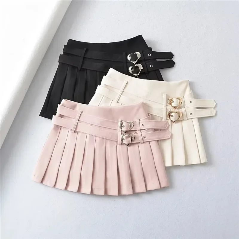 Minifalda plisada con cinturón de corazón dulce, falda de medio cuerpo antiligera de cintura alta, estilo universitario, novedad de verano