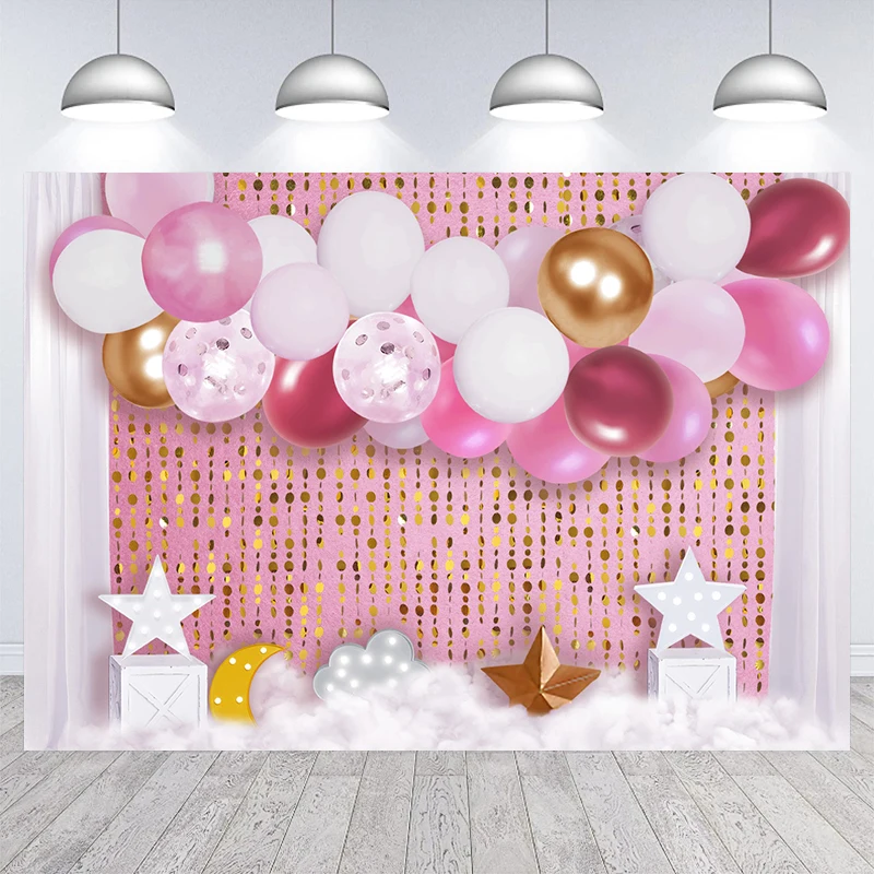 

Photography Background Pink Balloons Princess Girl Happy Birthday Party Cake Smash Floral Castle Decor Photo Backdrop Studio