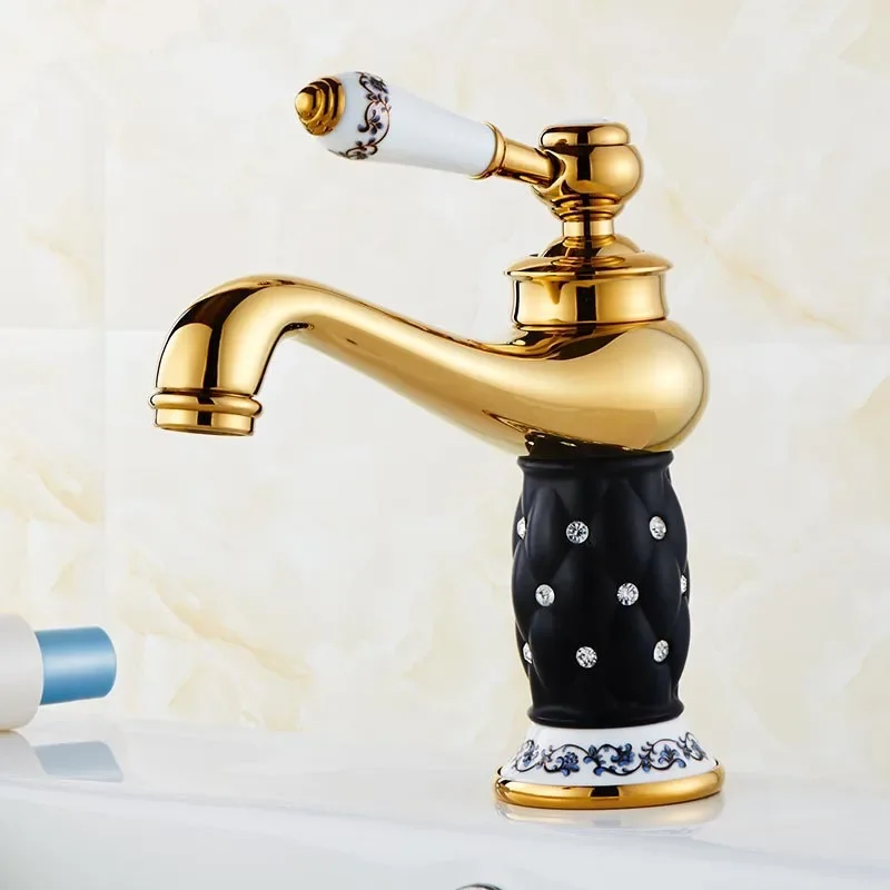 Basin Faucets Brass with Diamond Bathroom Faucet Gold Mixer Tap Single Handle Hot and Cold Washbasin Tap torneiras