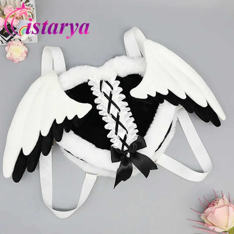 

Harajuku Japanese Plush Angel Wings Backpack Lolita Kawaii Loving Heart Lace Bow Shoulder Bag Y2k Cute Girls Bags