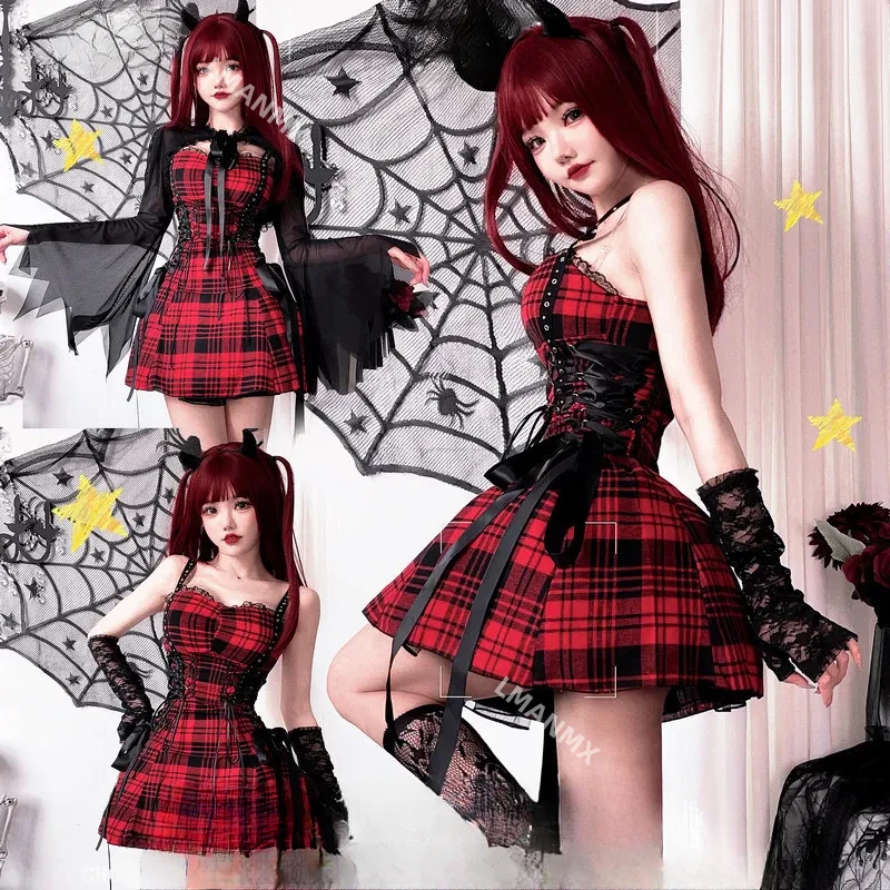 Dark Goth Red Plaid Dress Women Y2k E-girl Streetwear Lace Patchwork High Waist Corset Dress Aesthetic Vintage Partywear S-L