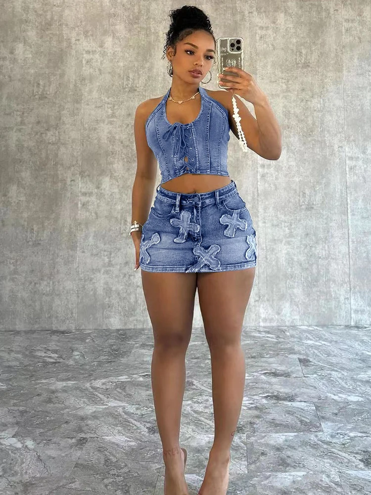 Denim Skirt Sets Women 2 Piece Outfit Sexy Halter Neck Zip Top and Short Skirt Streetwear Ladies Summer Suit Set Elegant Set