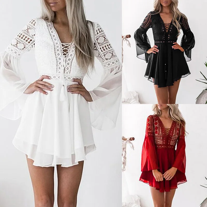 

Elegant Lace White Dress For Women V-neck Drawstring Flared Sleeves A-line Dress Skirt Summer Beach Party Sundress Casual Dress