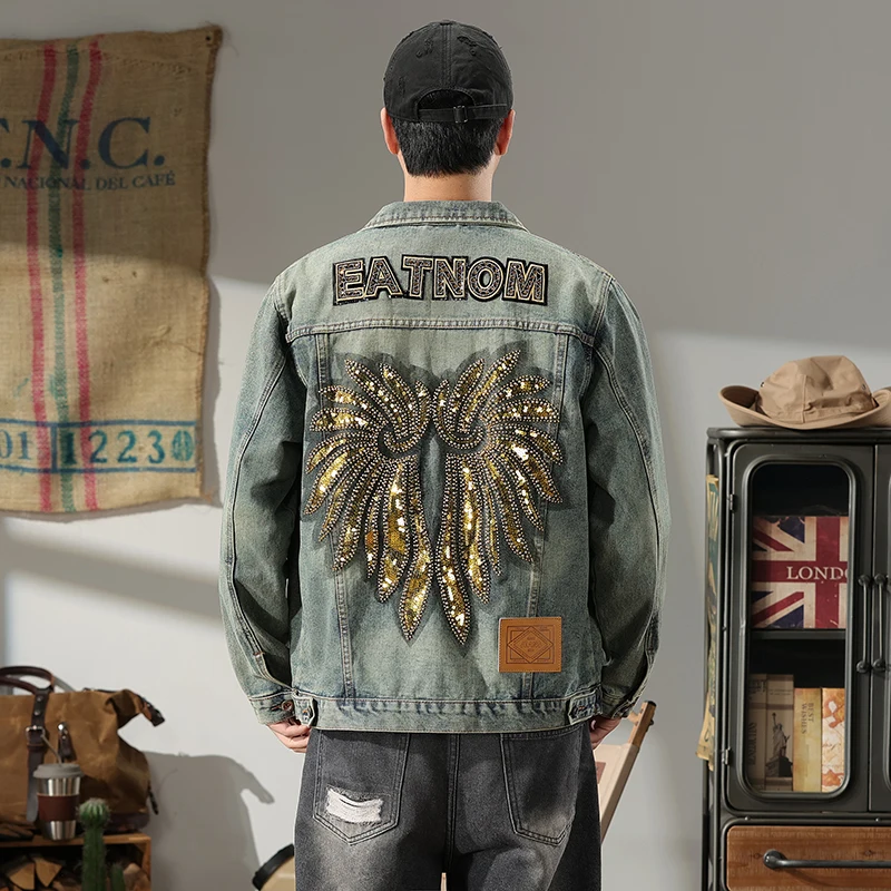 New embroidered retro cowboy coat men fashion straight tube motorcycle casual water washable versatile work clothes denim top