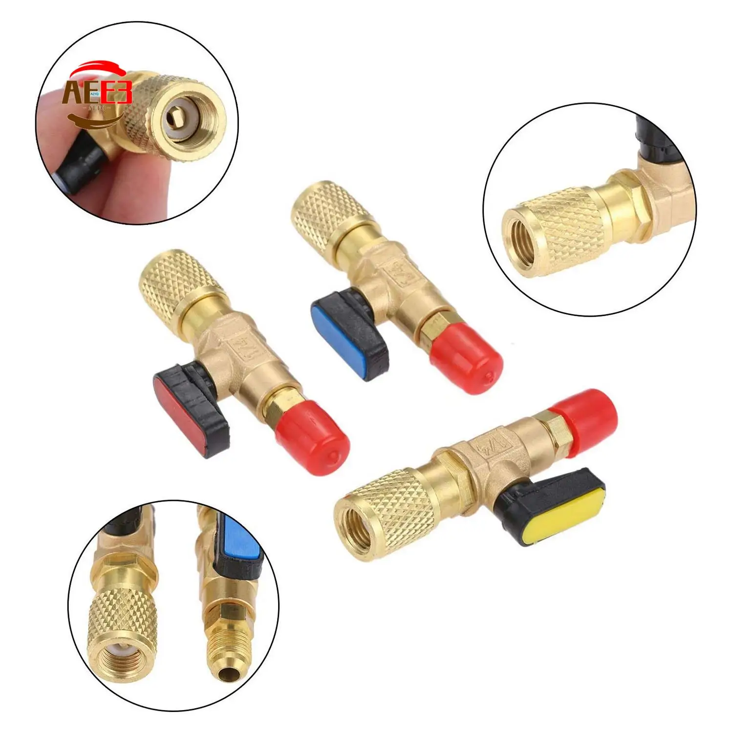 AEE3-3Pcs/Set Brass R410A Refrigerant Straight Ball Valves AC Charging Hoses Brass 1/4 Inch Male To 1/4 Inch / 5/16 Inch Female