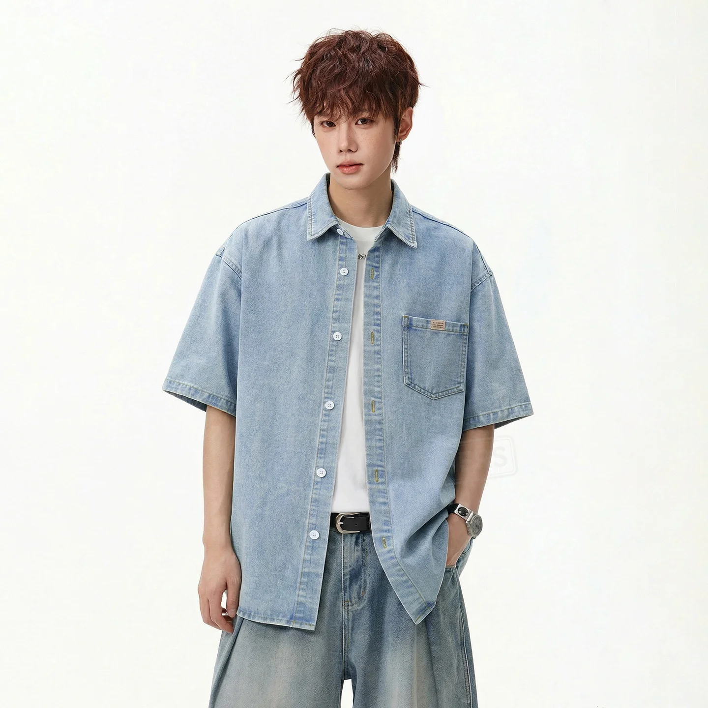 

TFETTERS 2026 Spring Summer Men's Denim Shirt American Washed Short Sleeve Oversized Loose Casual Male Street jeans blouse man