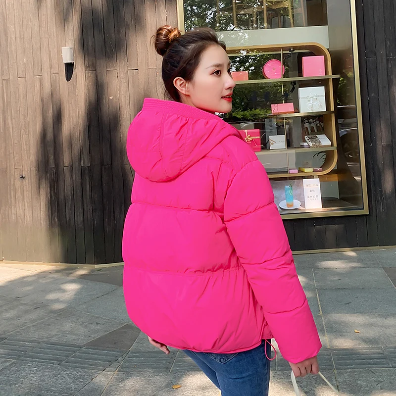 Parka informal holgada con cremallera para mujer, abrigo corto de algodón cálido con capucha, chaqueta con bolsillo de Color sólido, Otoño e Invierno