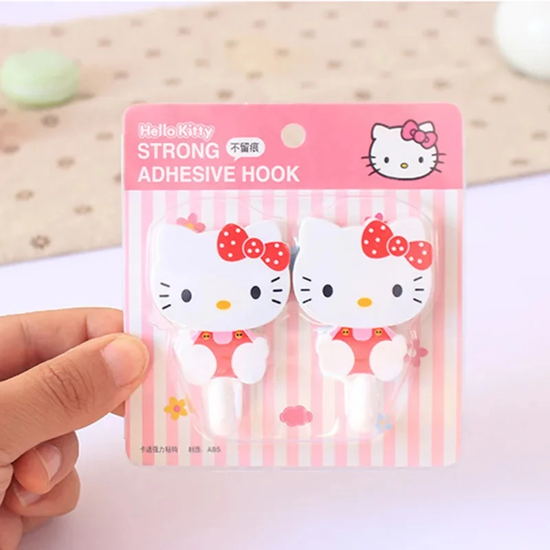 2Pcs Set Hello Kitty Sanrio Strong Self Adhesive Hooks Key Storage Hanger for Kitchen Bathroom Door Wall Multi-Function