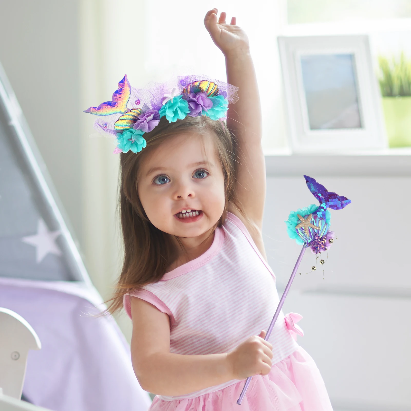 1 ชุดไม้กายสิทธิ์นางเงือกและที่คาดผม ทำด้วยมือ ทนทาน อุปกรณ์เสริมสำหรับงานปาร์ตี้ชุดนางเงือกสำหรับเด็กผู้หญิง เทศกาลคอสเพลย์ ที่คาดผมงานคาร์นิวัล