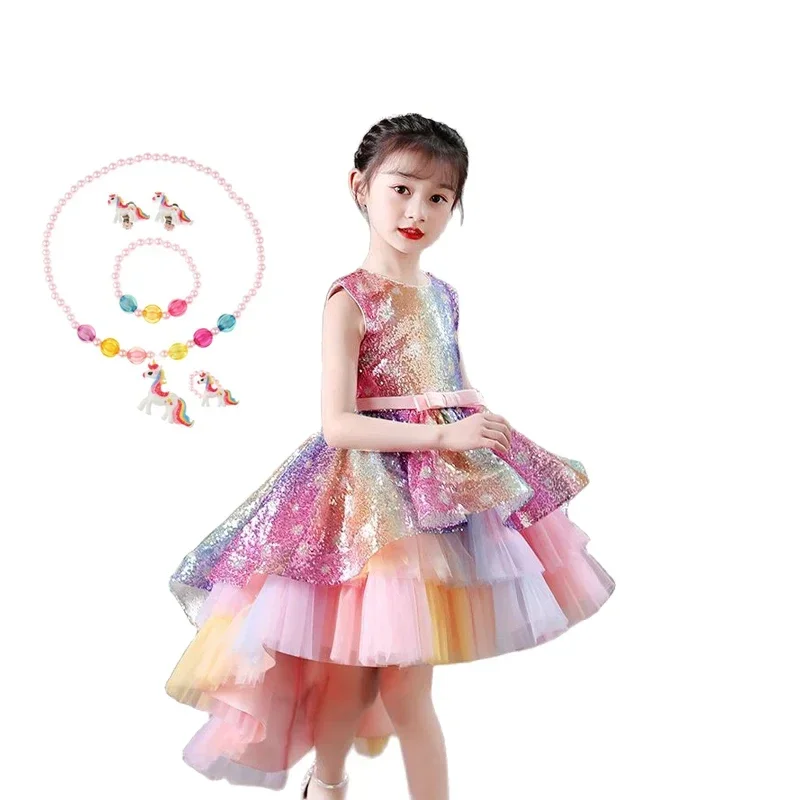 Rainbow Unicorn Pony Costume Elegant Piano Performance Dress For Kids Princess Birthday Party Gown Summer Girls Clothing MN9