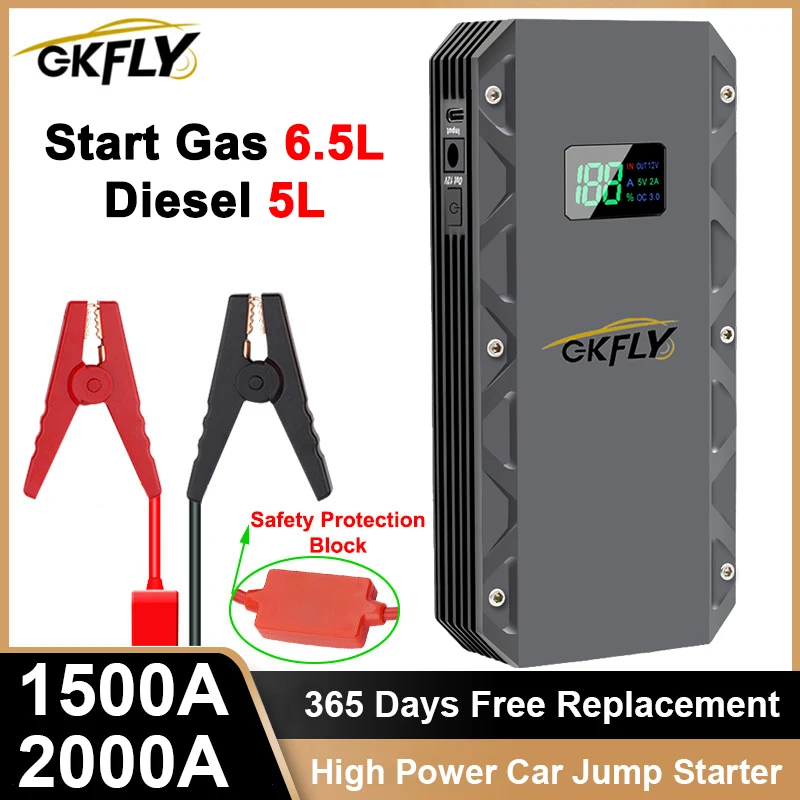 GKFLY Car Jump Starter 2000A/1500A 12V Starting Device Power Bank Car Battery Booster Charger ForPetrol Diesel Car Starter