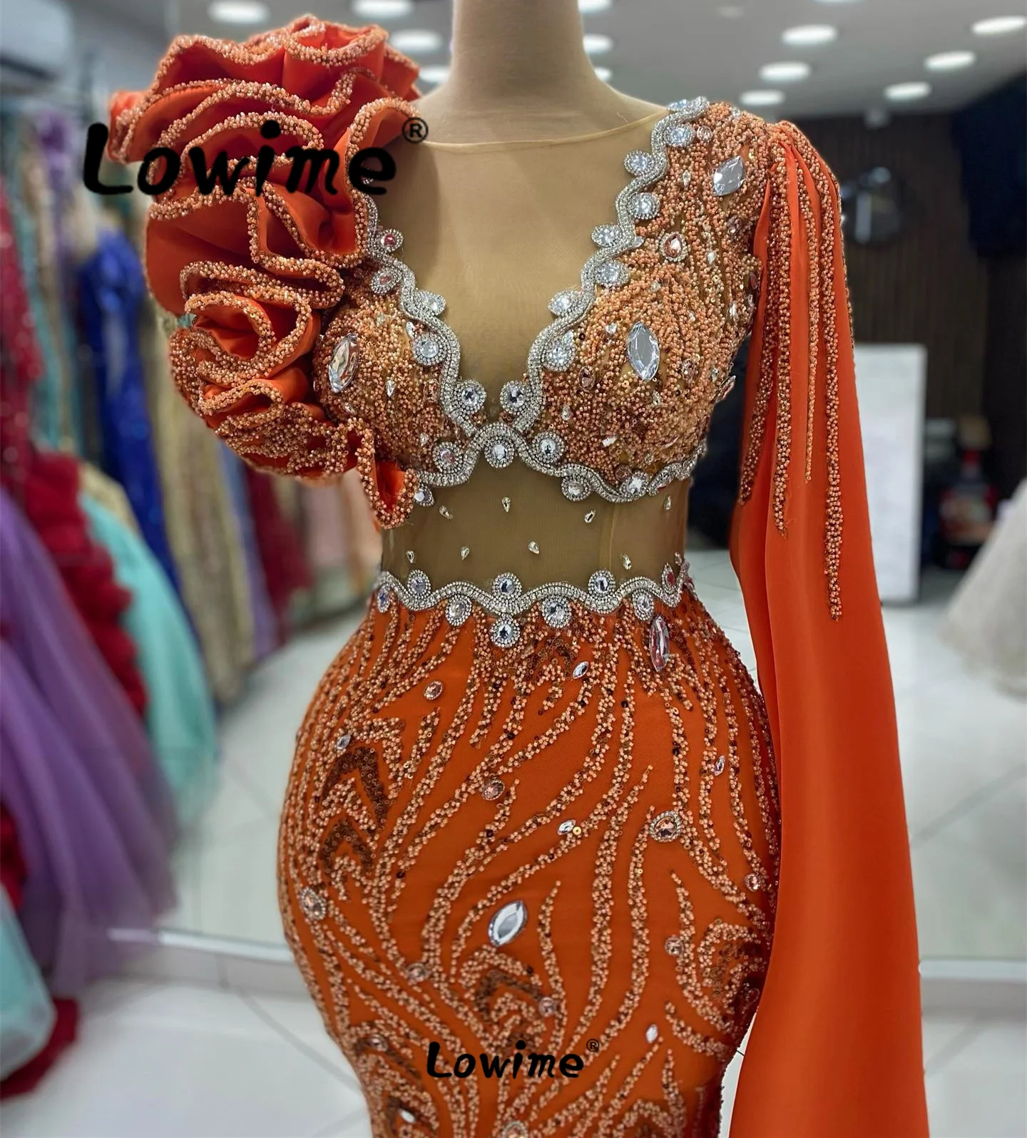 One Shoulder Cape Sleeve Orange Elegant Arabic Evening Dresses 2024 Mermaid Crystals Ruffles Long Prom Dress Wedding Party Dress