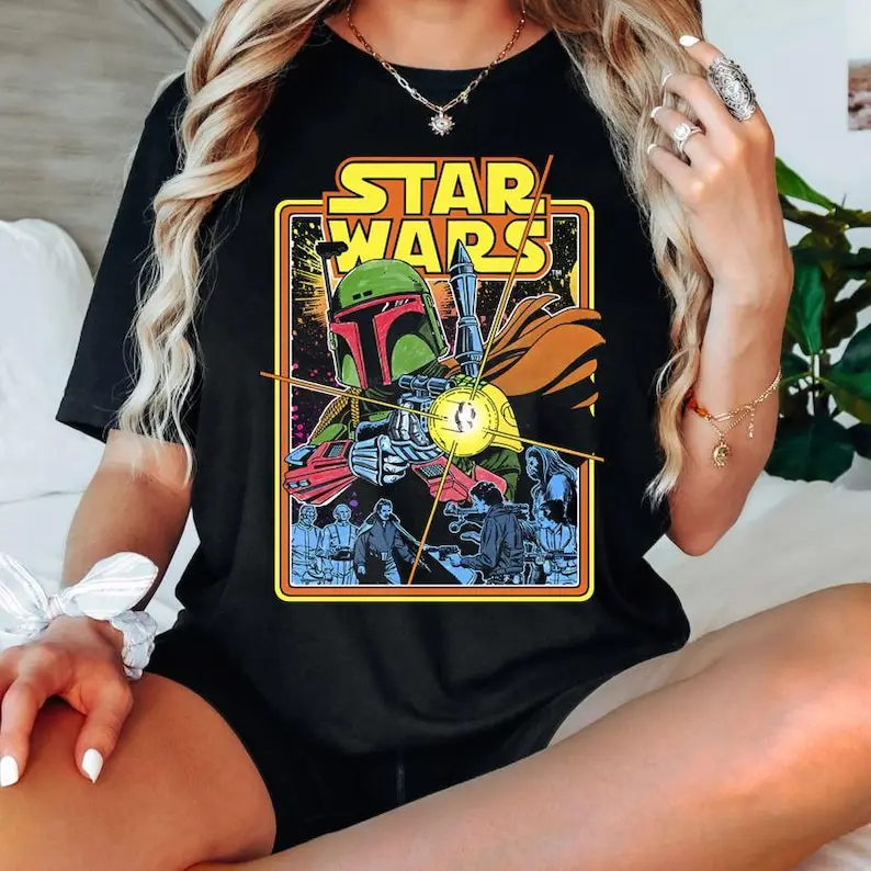

Футболка «Звездные войны» Empire Strikes Back Boba Fett Fires, винтажная футболка «Охотник за головами», ретро футболка с графическим рисунком «Звездные войны», подарок для фаната науки