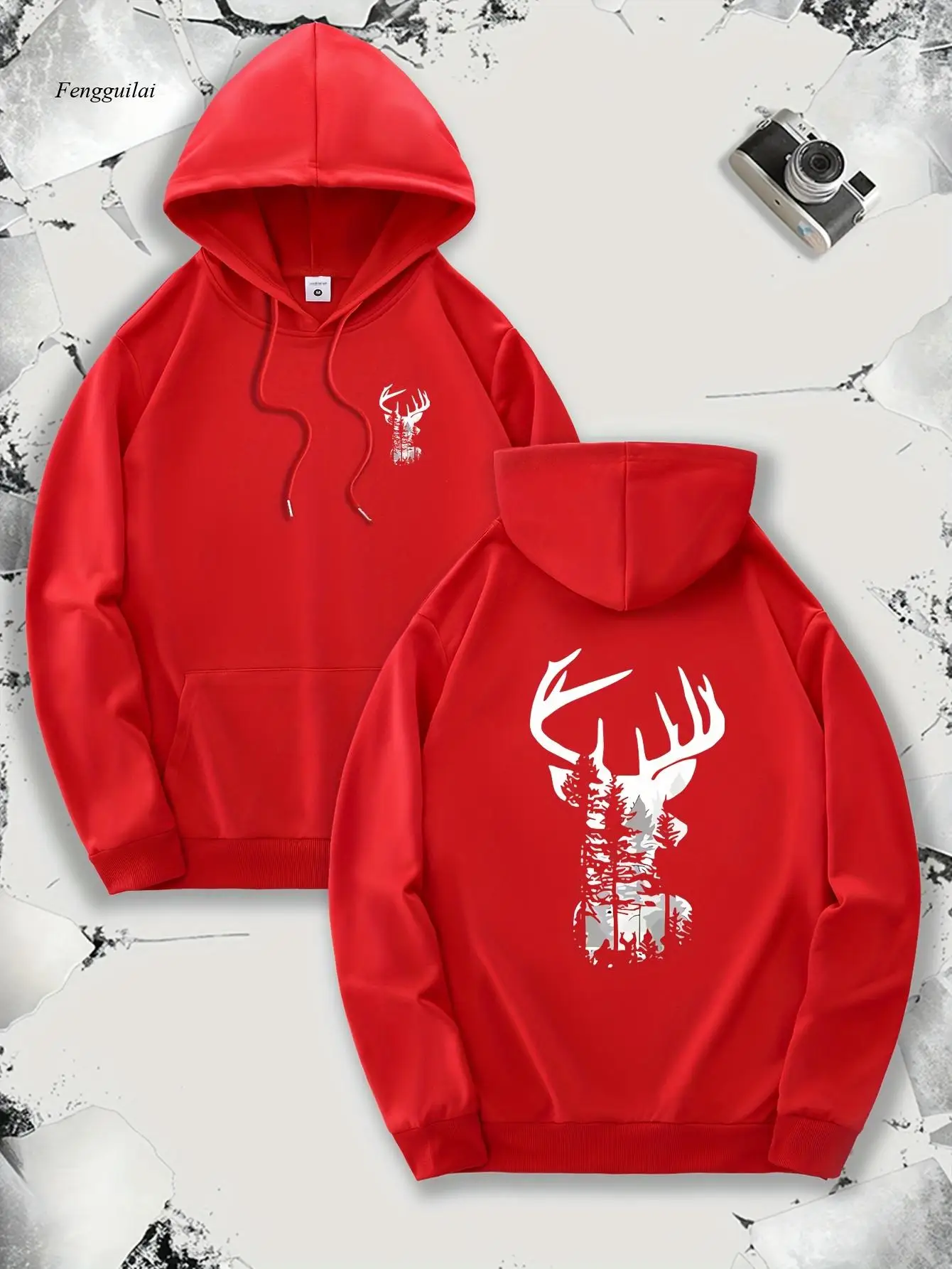 

Beige Hooded Sweater with Deer Hunting Graphic Print & Antler Logo - All-Season Casual Pullover, Kangaroo Pocket