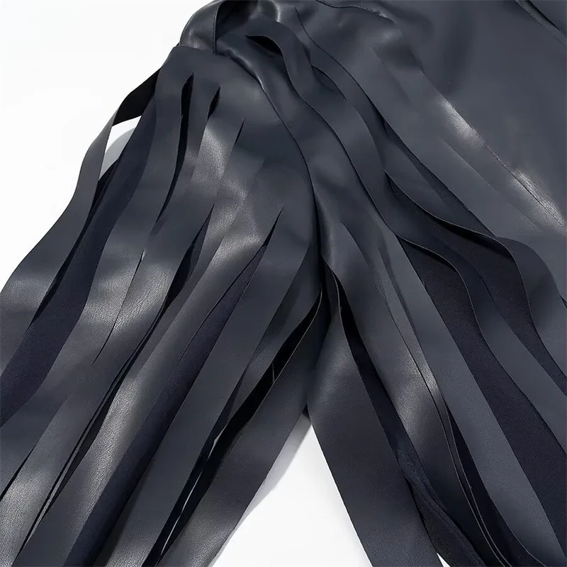 Giacca in Ecopelle da Donna Autunno/Inverno, Collo Alto, Maniche Lunghe, Dettagli con Frange, Nuovo Modello Confortevole e Minimalista