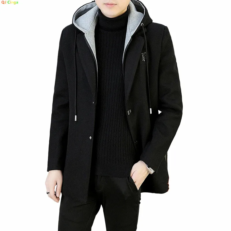 

Winter New Arrival Men's Long-Sleeve Hooded Trench Coat, Dark Gray Single-Breasted Long Jacket, Stylish and Warm Overcoat.
