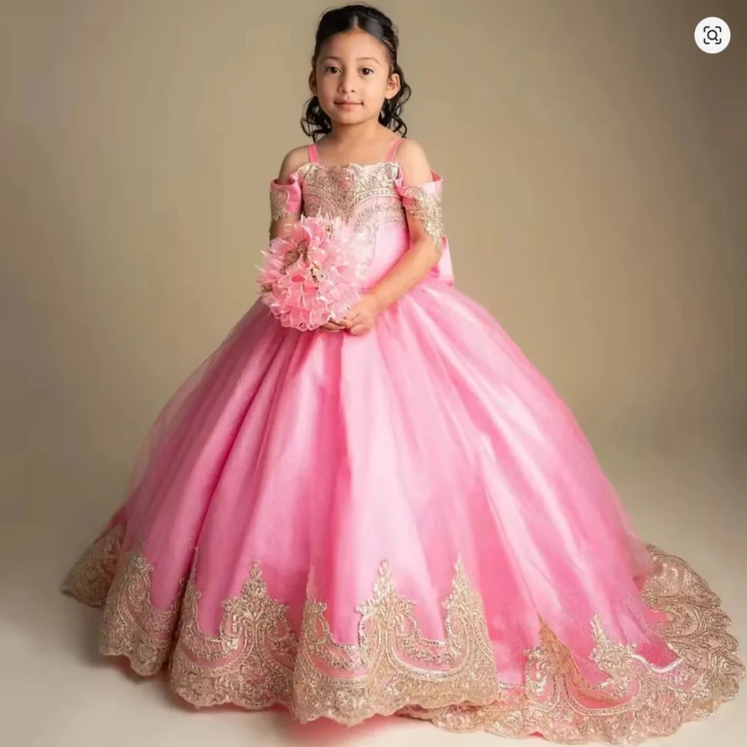

Elegant Pink Custom Flower Girl Wedding Dress Short Sleeve Bow Floral Appliqué Children's Birthday Party First Communion Dress