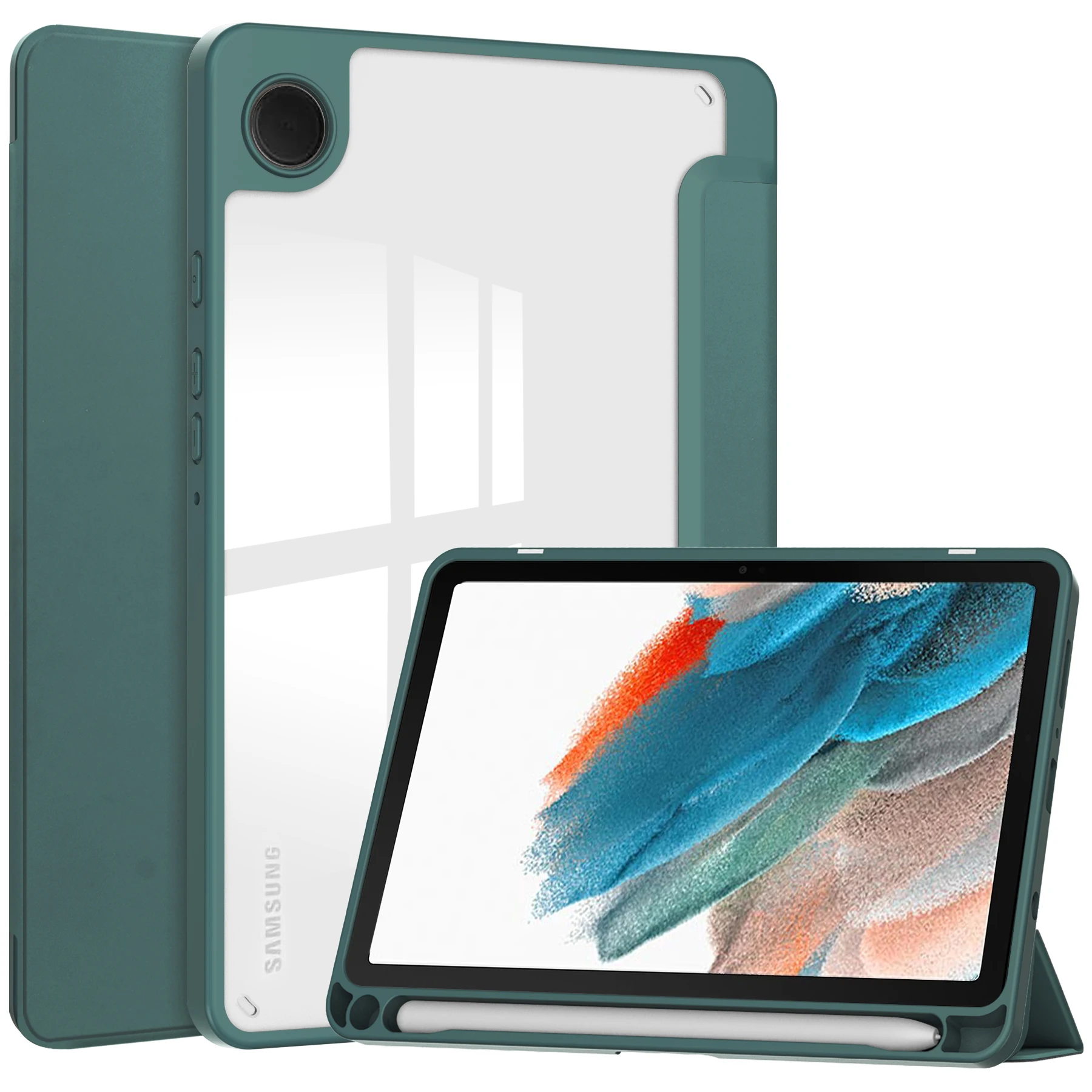 

For Samsung Galaxy Tab A9 Case PU+TPU+Acrylic Clear Back Tablet Cover with Pen Slot - Green
