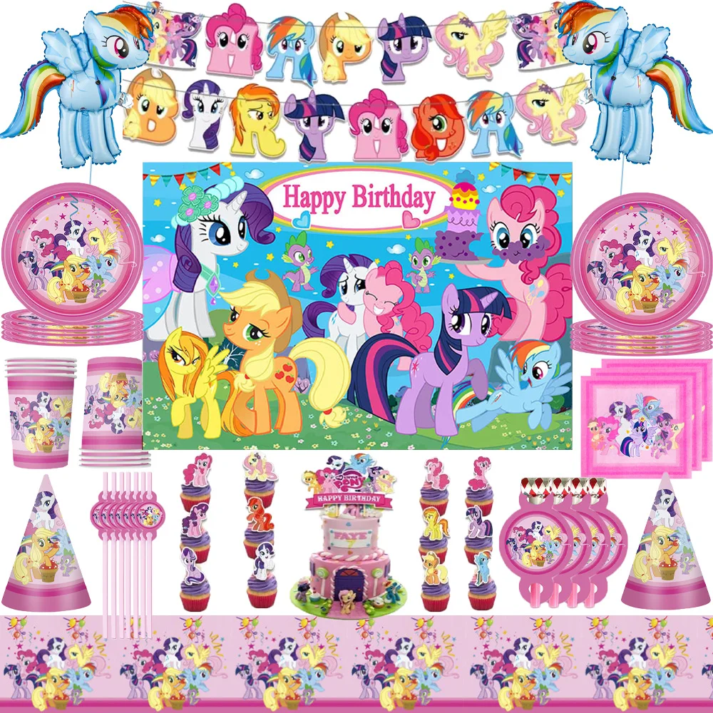Vajilla Desechable con Temática de My Little Pony de KAYOU, Vasos de Papel, Platos de Papel, Artículos de Decoración para Fiestas de Cumpleaños Infantiles