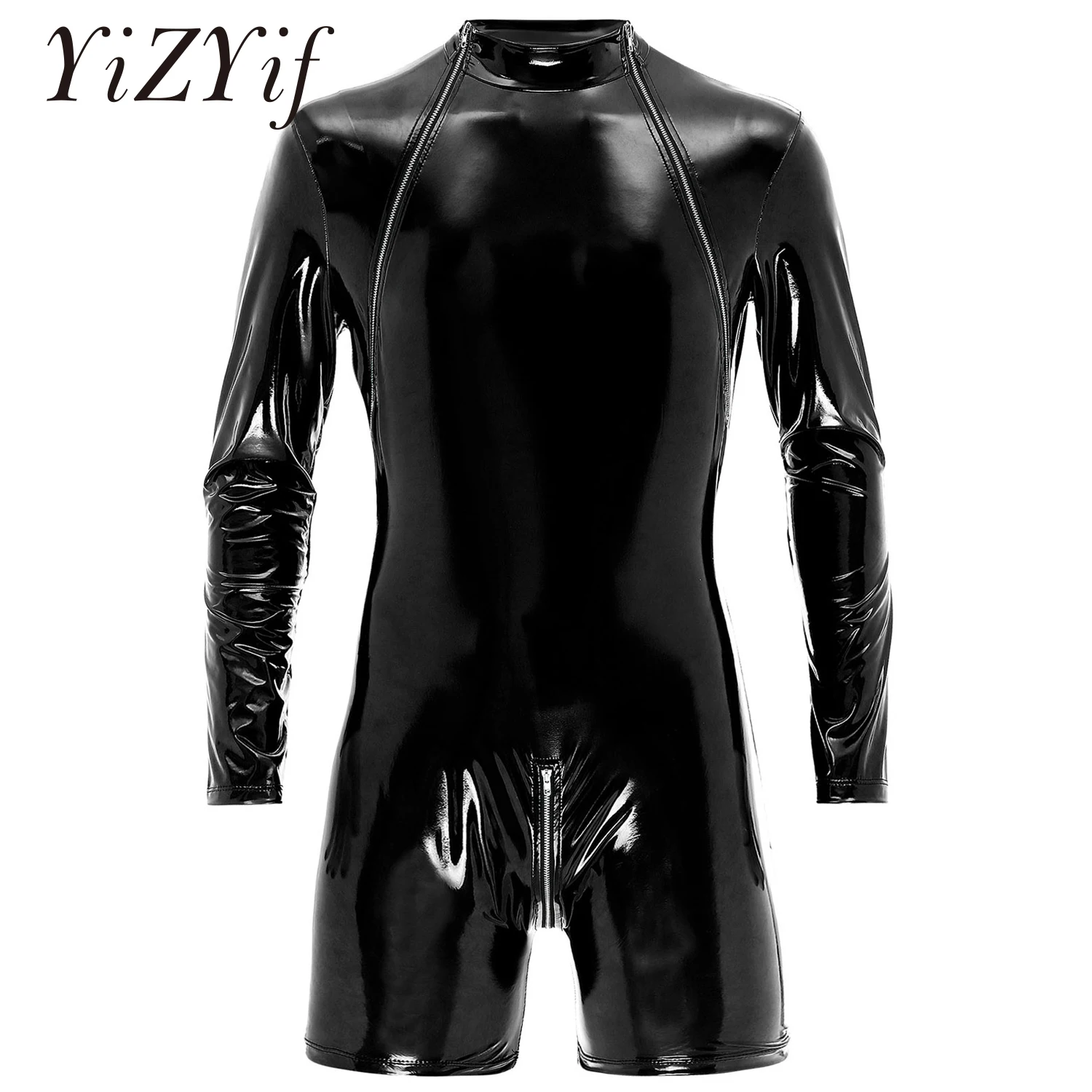 Male Mens Latex Catsuit Wet Look Patent Leather Bodysuit Long Sleeve Romper Zipper Crotch Jumpsuit Underwear Club Stage Costume