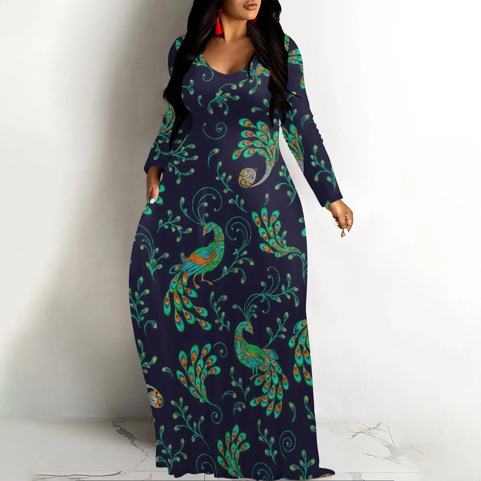 Women's V Neck Maxi Dress Ruffles Full Sleeve Floral Dresses Wedding Guest Sundress with Belt
