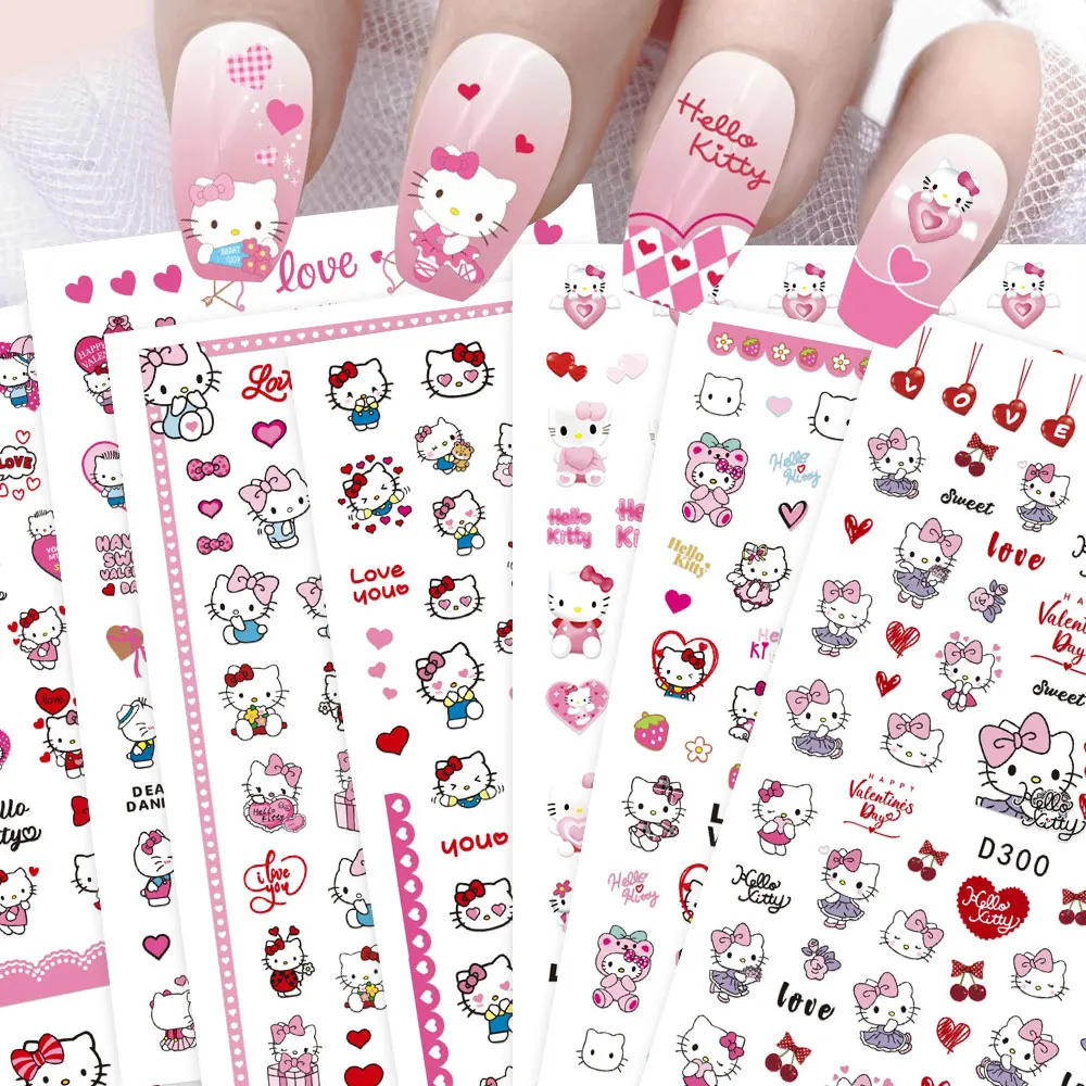 Autocollants pour ongles en forme de cœur rouge Hello Kitty, Kawaii, Design doux, décoration de manucure Sanrio, autocollants Kuromi auto-adhésifs, fourniture pour ongles, 16/1 pièces