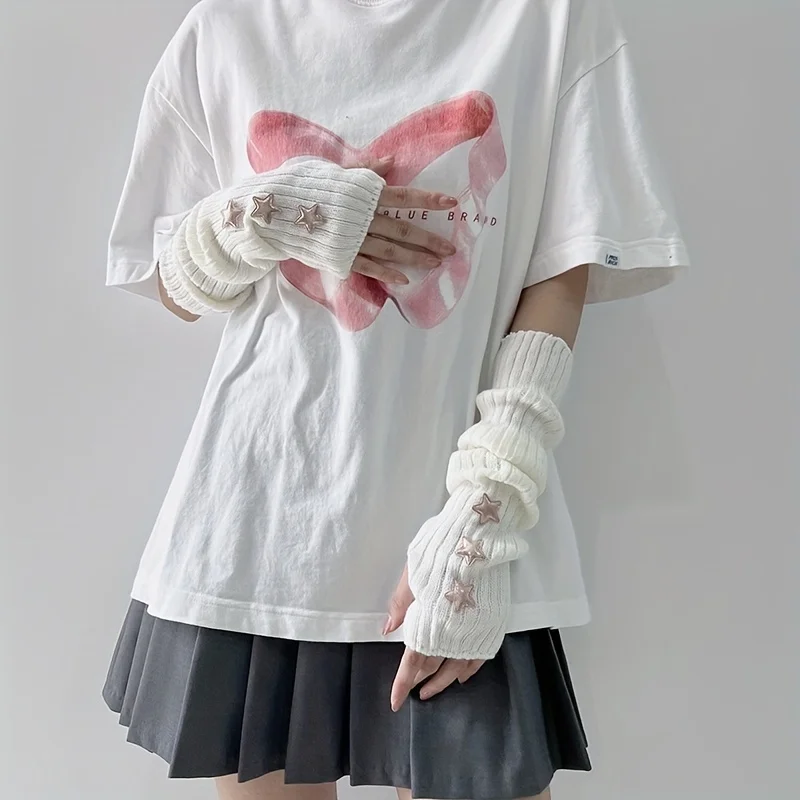 Winter Gloves ,1 Pair of Ladies' Fingerless Gloves with Star Decoration White/black/pink Machine Washable Accessory Gloves