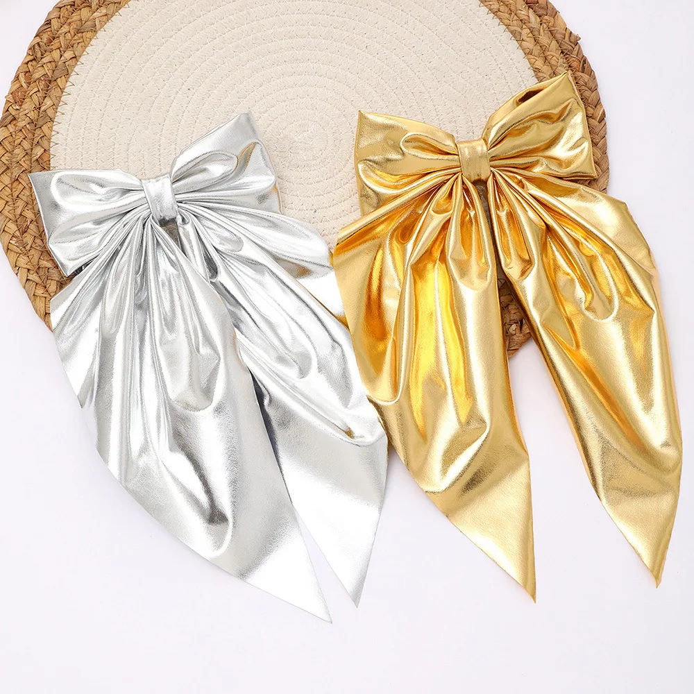 1pc Gold Silver Patent Leather Bow Hair Claw Long Ribbon Spring Clip Back of Head Ponytail Holder for Women Elegant