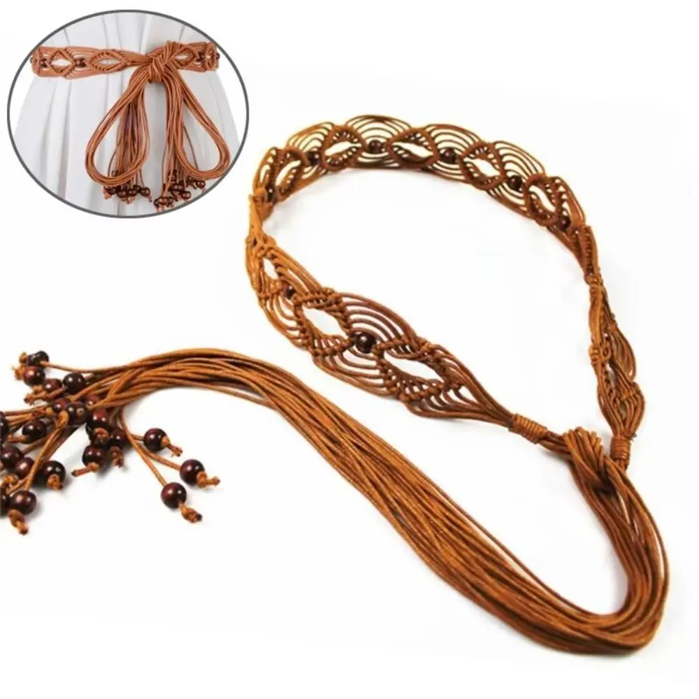 Wax Rope Female Waist Rope Woven Knot Wood Bead Decors Waist Belt Handmade Bohemian Style Ethnic Style Waist Chain for Women